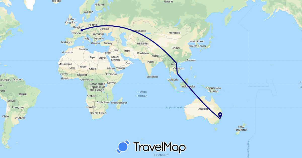 TravelMap itinerary: driving in Australia, France, Vietnam (Asia, Europe, Oceania)